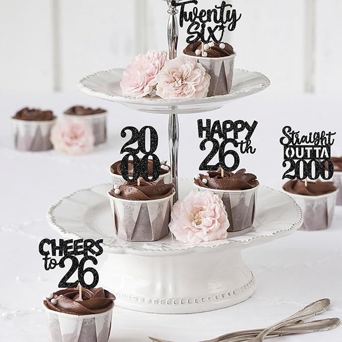 30PCS Black 26th Birthday Cupcake Toppers Glitter Twenty Six Happy 26th Straight Outta 2000 Cupcake Picks for Cheers to 26 Years Birthday Wedding Anniversary Party Cake Decorations Supplies