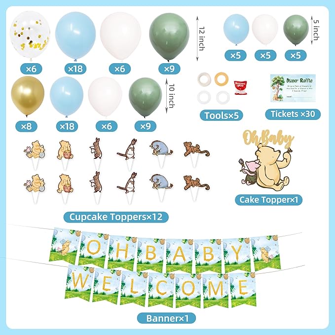 154 PCS Blue Winnie Baby Shower Decorations Kit Vintage Winnie Party Supplies Decorations, All-in-1-Balloon Garland Arch Backdrop, Tablecloth, Cake Topper, Banner, Box Decorations for Boy Baby Shower