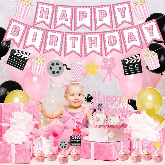 K KUMEED Happy Birthday Decorations,Movie Theme Party Decorations Pink Popcorn Camera Movie Theater Decorations Cute Cake Topper Latex Balloons for Birthday Party Movie Night Party Supplies Girls