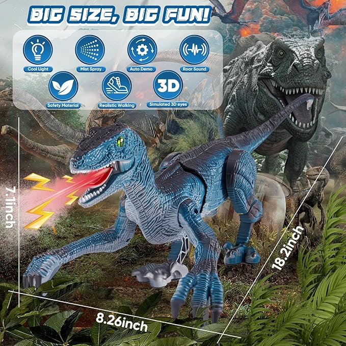 Remote Control Dinosaur Toys for Kids, Dinosaur Toys for Boys Big Walking Velociraptor Dino with Light Sound and Spray Stream Birthday Gift Ideas for Boys and Girls 3-5 4-7 Year Old