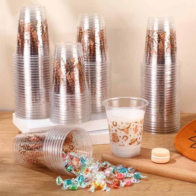 100 Pcs Western Plastic Cups 12 oz Clear Disposable Plastic Cowboy Cowgirl Drinking Cups Bulk for Boho Preppy Baby Shower Birthday Wild West Party Decoration Supplies(Western Cowboy,Brown)