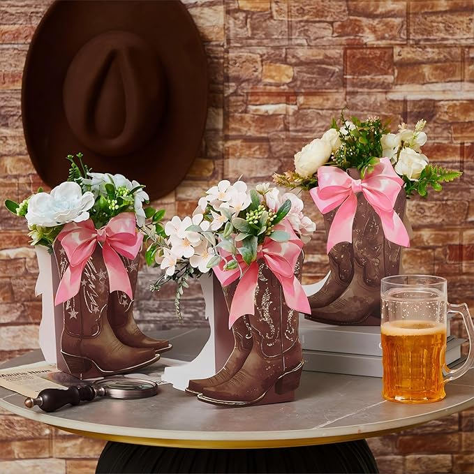12 Set Brown Western Cowboy Bow Boots Flower Boxes Centerpiece Boot Shape Gift Boxes Western Party Decoration Vase Centerpiece for Table Boots for Rodeo Birthday Baby Shower Wedding Supplies