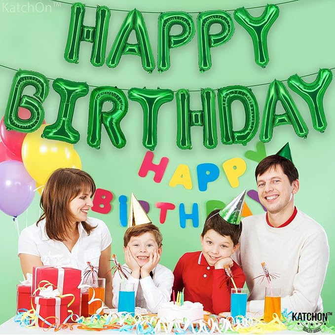 KatchOn, Green Happy Birthday Balloons Banner 16 Inch Mylar Foil Letters Birthday Sign Banner Bunting Reusable for Girls Boys Kids & Adults Birthday Decorations and Graduation Party Supplies