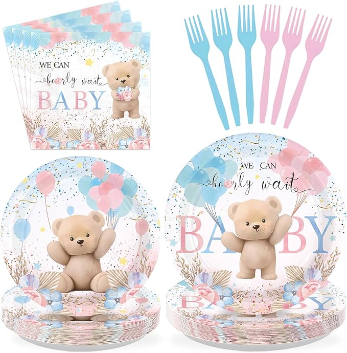 96Pcs Bear Baby Shower Party Decorations Pink Blue Boho Bear Birthday Plates and Napkins Tableware Sets for Girls Boys Baby Shower Gender Reveal Fall Wedding Birthday Holiday Party Supplies Serves 24
