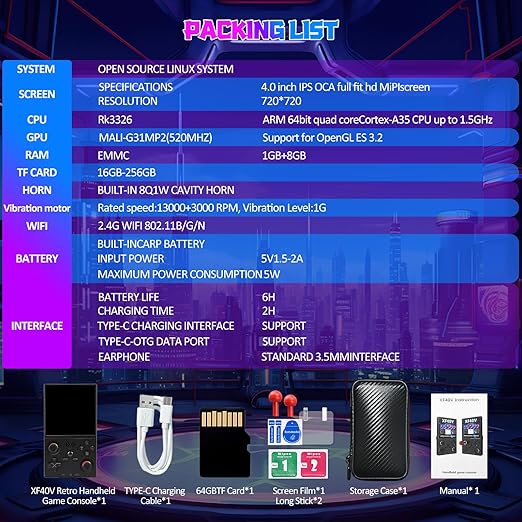 UYTGXEN XF40V Retro Handheld Game Console with 2*Detachable Long Joysticks, 4.0-Inch HD IPS Screen Retro Gaming Console, Preloaded Classic Games with Multiple Emulator, Pocket Video Gaming