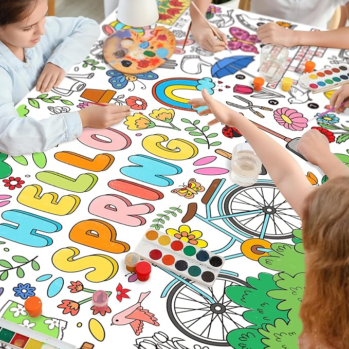 Gatherfun Hello Spring Giant Coloring Poster for Classroom - 31.5x72 Versatile Spring Activity Poster/Table Cover for School Parties,Birthday & Special Events Decoration