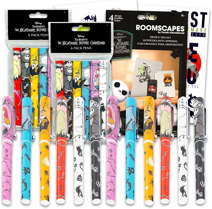 Disney Nightmare Before Christmas Pen Set - Bundle of Jack Skellington 12 Pack Pens with Decals | Nightmare Before Christmas Party Favors