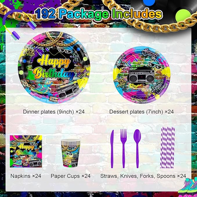 Avezano 192 Pcs 80’s Party Tableware Set 80s Birthday Hip Hop Party Table Decorations Supplies Retro 80s Theme Paper Plates, Napkins, Cups and Plastic Cutlery for 24 Guests
