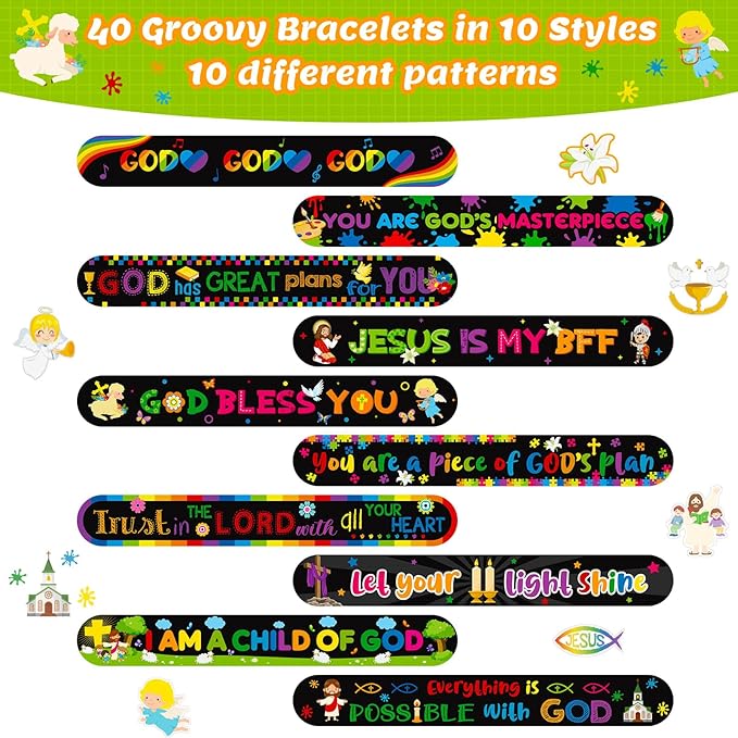 Frienda 40 Pcs Bible Verses Religious Christian Slap Bracelets for Kids VBS Jesus Love You Wristbands Inspirational Motivational Christian Slap Bracelets Sunday School Supplies (Religious)