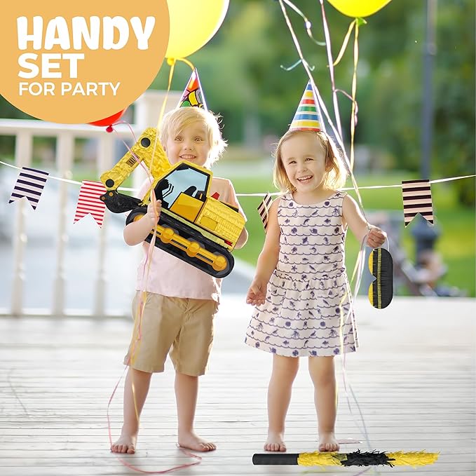 Excavator Pinatas Bundle with a Blindfold and Bat (16.5x11x4.7 inch), Pinata for Construction Theme Birthday Parties, Boys Birthday Party Supplies, Decoration
