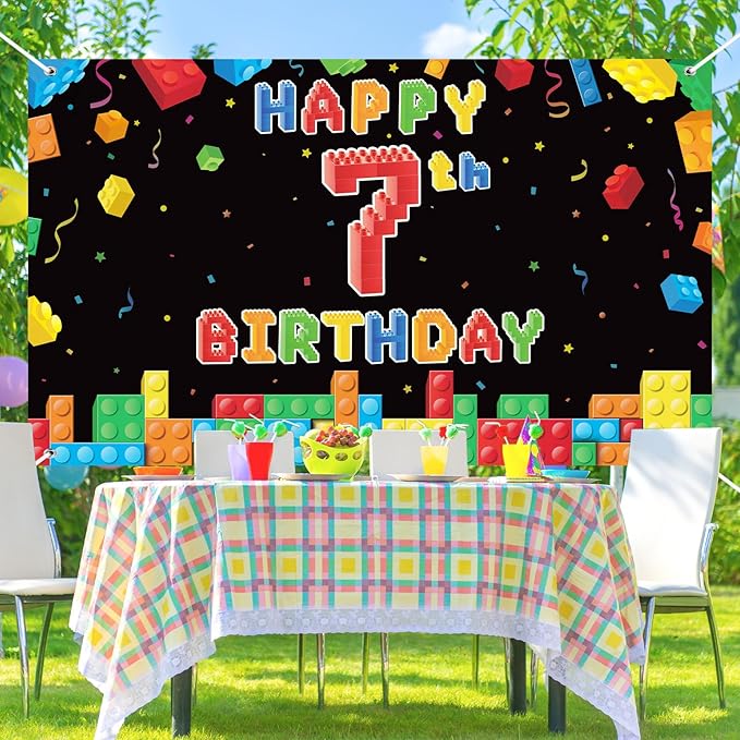 Panelee Building Block Birthday Banner Building Blocks Party Backdrop Decoration Happy Birthday Banner Photography Background for Party, 72.8 x 43.3 Inch(Black,7th)