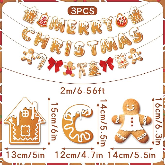 PAPER JAZZ Gingerbread Christmas Decoration Merry Christmas Banner,3 Pcs Gingerbread Christmas Garland,Xmas Backdrop Cute Hanging Decor for Wall, Tree, Door, Yard, Home, Office, Indoor Outdoor.