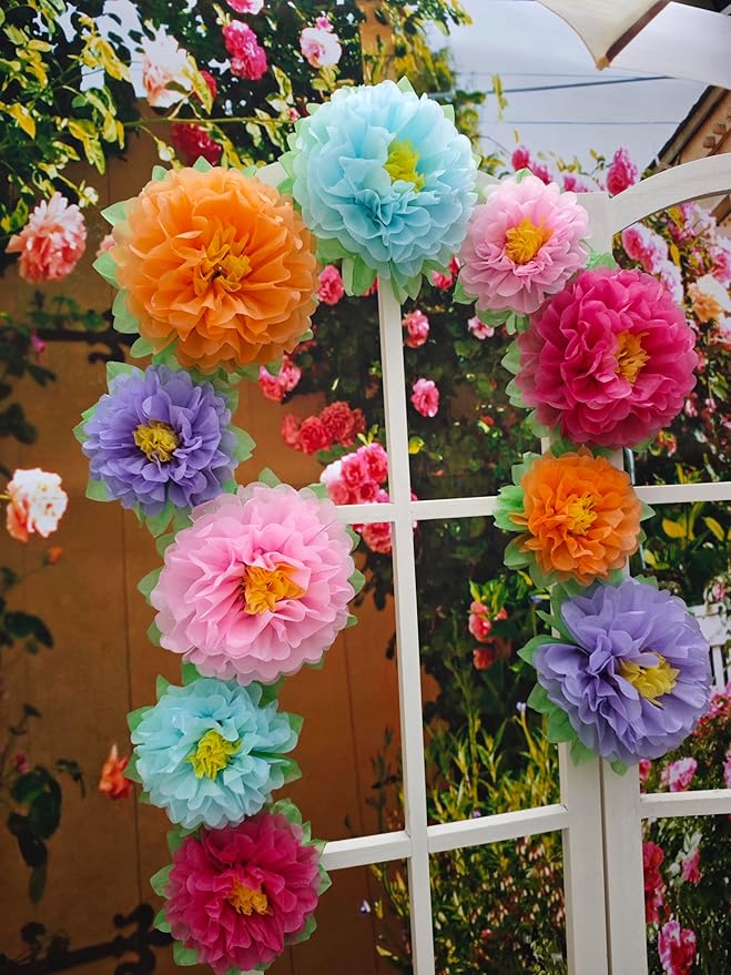 Mybbshower Colorful Fiesta Paper Flowers (9''-7'' Assorted) Set of 10 Outdoor Decoration Kids Birthday Carnival Rainbow Theme Party Backdrop Photo Booth Wall Decor