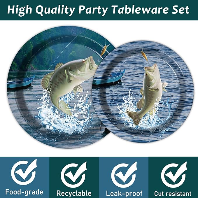 Gone Fishing Party Plates Napkins Gone Fishin' Dinnerware Fishing Themed Tableware for Fishin Tournament Birthday Disposable Paper Plates Napkins Party Decorations Supplies Favors 24 Guests