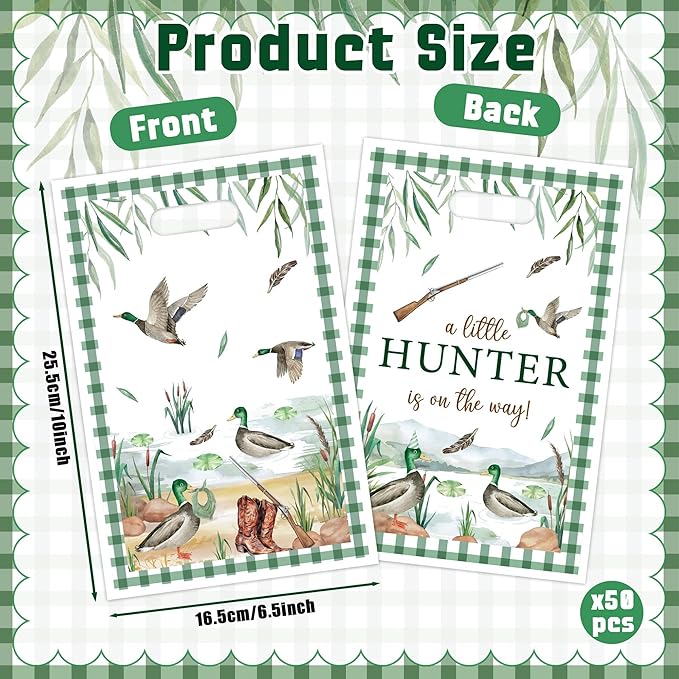 50Pcs Mallard Duck Baby Shower Party Favor Bags, A Little Hunter Is On The Way Plastic Goody Candy Treat Bags Party Decorations for Boys Girls Baby Shower Birthday Supplies