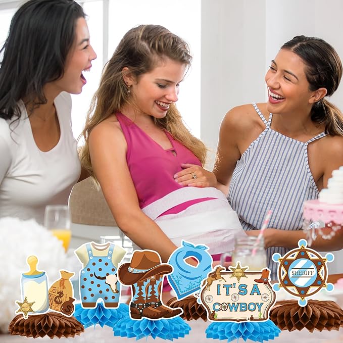 Gameza Western Cowboy Baby Shower Decorations, 9PCS a Little Cowboy is on The Way Baby Shower Honeycomb Centerpiece Decoration, Western Themed Gender Reveal Decor Supplies