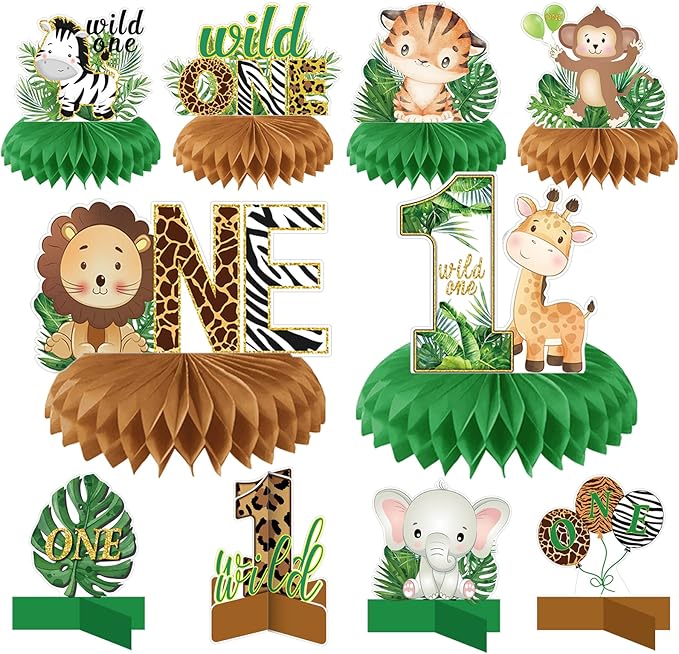 10 PCS Wild One Honeycomb Centerpieces Birthday Decorations for Boys and Girls Safari Centerpieces for Tables 3D Double Side Baby Shower Jungle Animals Party Decorations