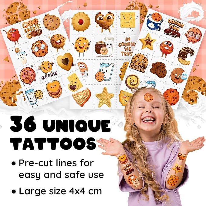60 PCS Cookie Party Favors Set - 36 Temporary Tattoos & 24 Slap Bracelets for Kids, Perfect for Cookie-Themed Birthday Supplies, Baby Shower and Sweet Party Decorations