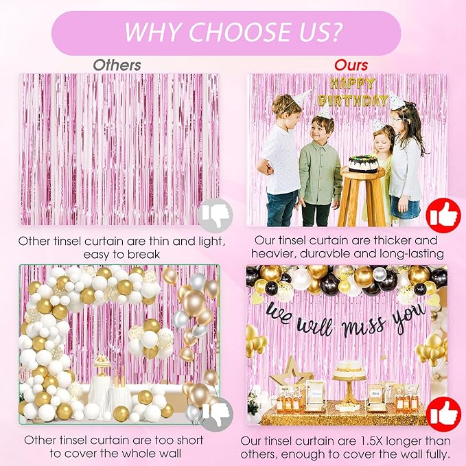 Curtain Pink Foil Backdrop, 3 PCS 3.3 x 9.9 ft, for Galentines Day Decorations, Birthday, Graduation, Engagement Party Decorations