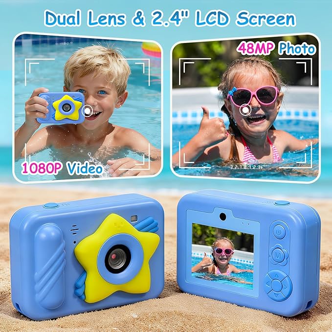 Waterproof Kids Toy Camera with 32GB Card,48MP 1080P HD Underwater Digital Camera – IP68 Shockproof Gift for Boys & Girls 3 4 5 6 7 8 9 10 Years, Ideal Christmas & Birthday Present – Blue