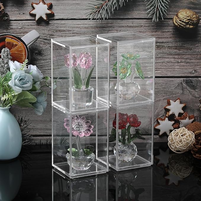 JUXYES 4 Pack Clear Display Case for Mini Action Figures, Acrylic Box with Sliding Door, Stackable Cube Small Showcase, Free Standing Collectibles Protection, 3x3x4.5 Inches