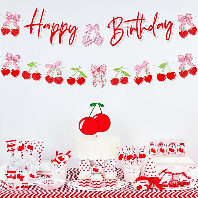 Pre-Strung Cherry Birthday Decorations, NO DIY Happy Birthday Banner, Cherry and Bows Themed Party Supplies