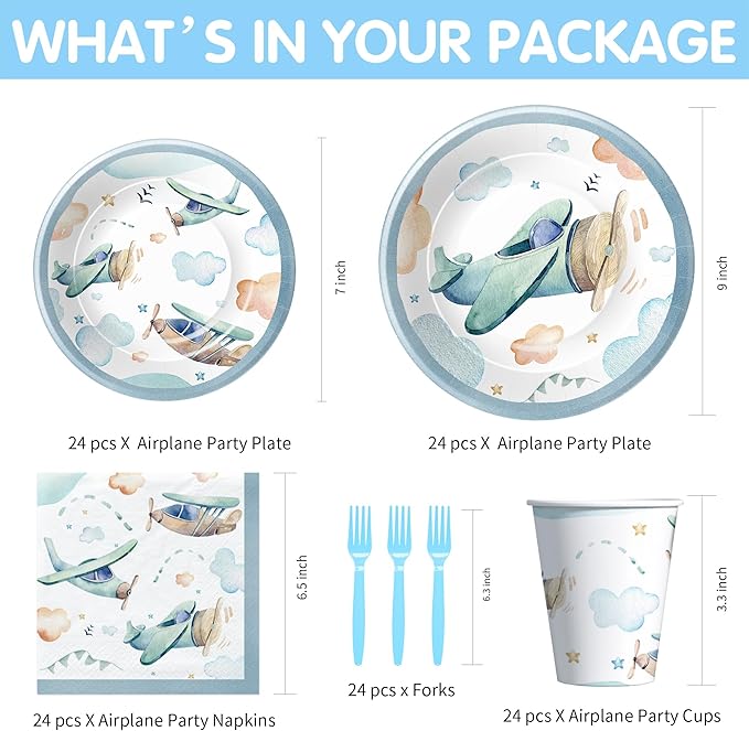 Airplane Birthday Party Supplies - Airplane Decorations Tableware, Paper Plate, Cup, Napkin, Fork, Baby Shower Dinnerware | Serve 24