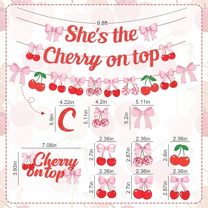 Cherry Party Decorations She's The Cherry On Top Banner Summer Fruit Cherries Themed Decor with Bow Cake Topper Pink Red White Balloons Fringe Curtains for Birthday Baby Shower Wedding Bridal Shower