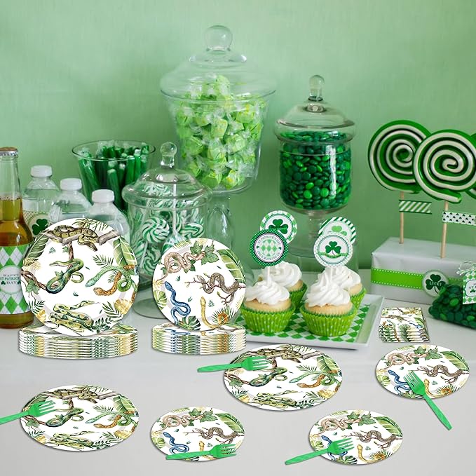 Reptile Snake Birthday Party Decorations - 96 PCS Snake Plates and Napkins Party Supplies Jungle Wildlife Wilderness Reptile Snake Disposable Tableware Set Serve 24 Guests