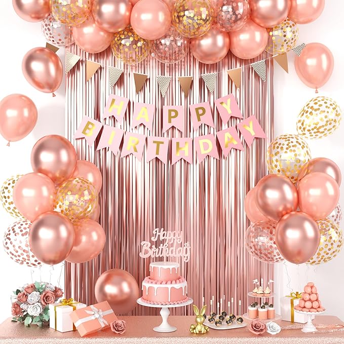 Rose Gold Birthday Decorations For Girl Woman, Happy Birthday Party Decorations With Metallic Pearl Rose Gold Confetti Latex Balloons Banner Fringe Curtain Cake For Party Decor