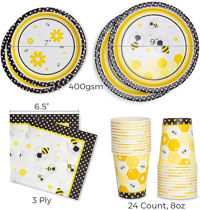Royal Bluebonnet Bumble Bee Paper Plates - Set of 24-9 and 7 inch Plates, Napkins, and Cups What Will it Be Party Supplies, Sturdy 400 GSM Weighted Bee Baby Shower Decorations, Birthday
