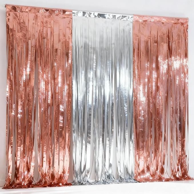 3 Pack Rose Gold and Silver Foil Fringe Curtains, Birthday Decorations Metallic Streamers, Party Photo Booth Backdrop for Holiday Wedding Engagement Bridal Shower Party Rose Gold White Tinsel