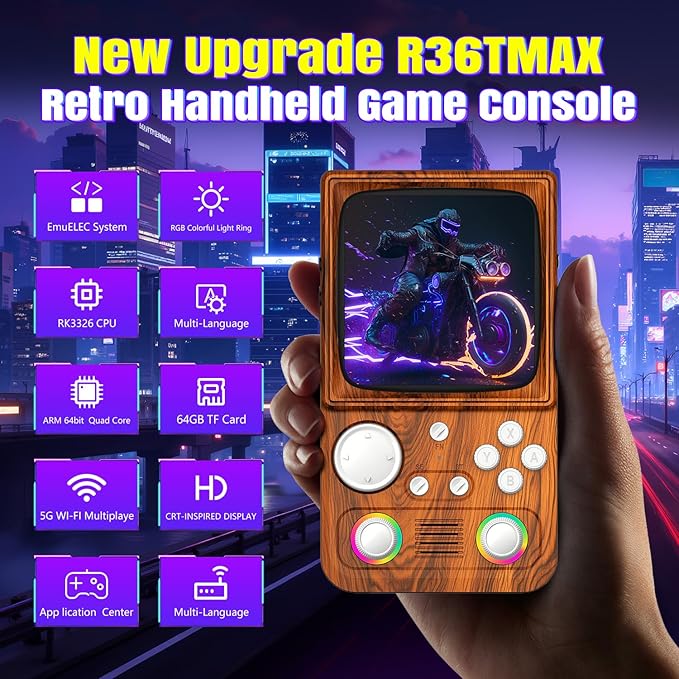 R36TMAX Retro Gaming Console, 4.0'' IPS Screen, Retro Handheld Game Console with 18000+ Classic Games Supports WiFi Networked Fighting and OTG, 4000mAh Battery, with Portable Case(Wood Brown 64GB)