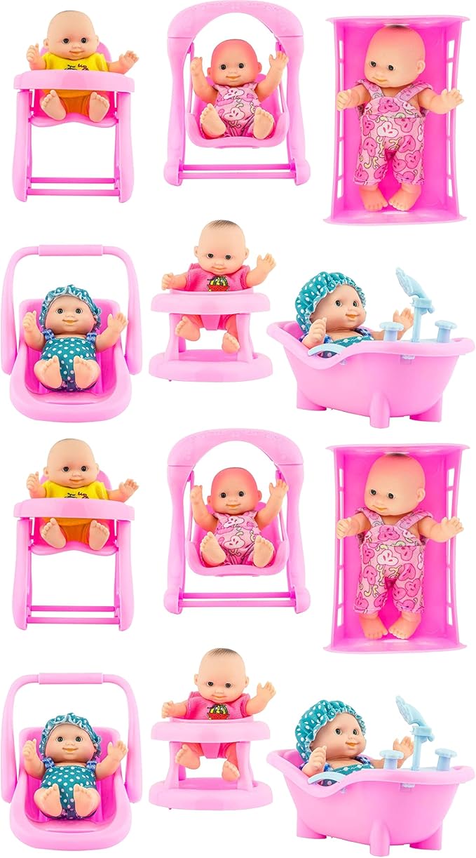 PowerTR 6 Sets of Mini Baby Dolls Collection with High Chair, Cradle, Walker, Swing, Bathtub and Baby Seat for Kids (2 Packs)
