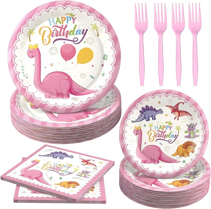 120 Pcs Pink Dinosaur Birthday Party Plates Napkins Girls Dinosaur Theme Birthday Party Tableware Disposable Paper Plates Napkins Party Decorations Supplies for 30 Guests
