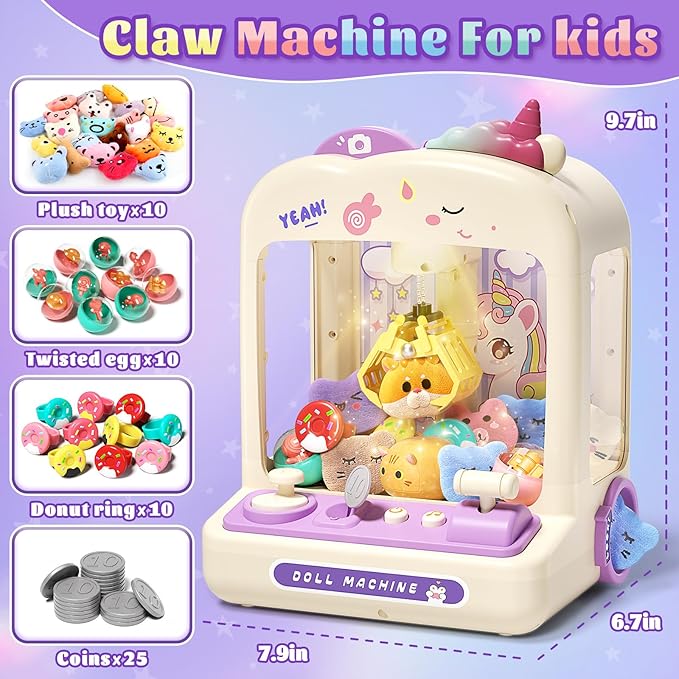 55 PCS Claw Machine for Kids, Vending Machine with Lights Sound, Electronic Prize Dispenser for Kids Girls, Claw Toys Game Gifts for 4 5 6 7 8 Years Old Girls Boys