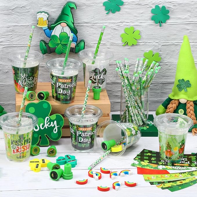 Pickmesh 180 Pcs St. Patrick's Day Party Favors Lucky Shamrock Stationery Set Pencils Erasers Stampers Sharpeners Cups for St Patricks Day Accessories Exchange Gifts Classroom Prizes Party Supplies