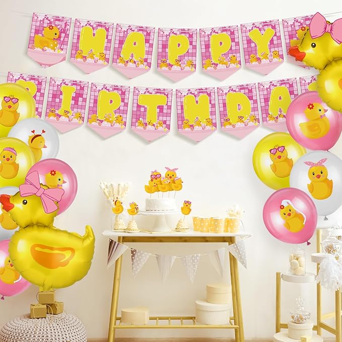 Leitee 57 Pcs Pink Duck Birthday Decorations Balloons Party Happy Birthday Banner Cake Topper Cupcake Toppers Rubber Duck Decor for Birthdays Party Supplies