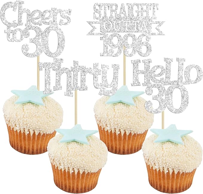 Ephlyn 24Pcs Happy 30th Birthday Cupcake Toppers Glitter Thirty Cupcake Picks Hello 30 Cheers to 30 Years Cake Decorations for 30th Birthday Anniversary Party Decorations Supplies Silver