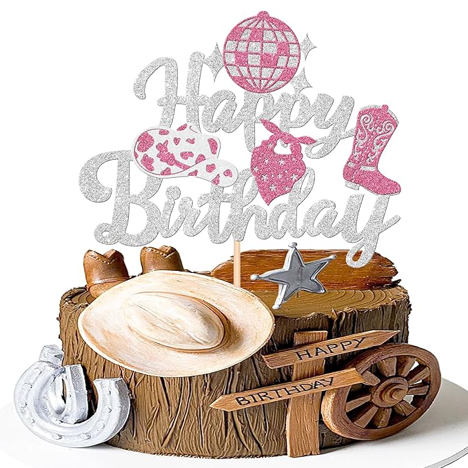 1 PCS Cowgirl Happy Birthday Cake Topper Glitter Western Cowgirl Birthday Cake Pick Hat Boot Disco Cowgirl Cake Decorations for Western Cowgirl Rodeo Theme Girls Birthday Party Supplies Silver