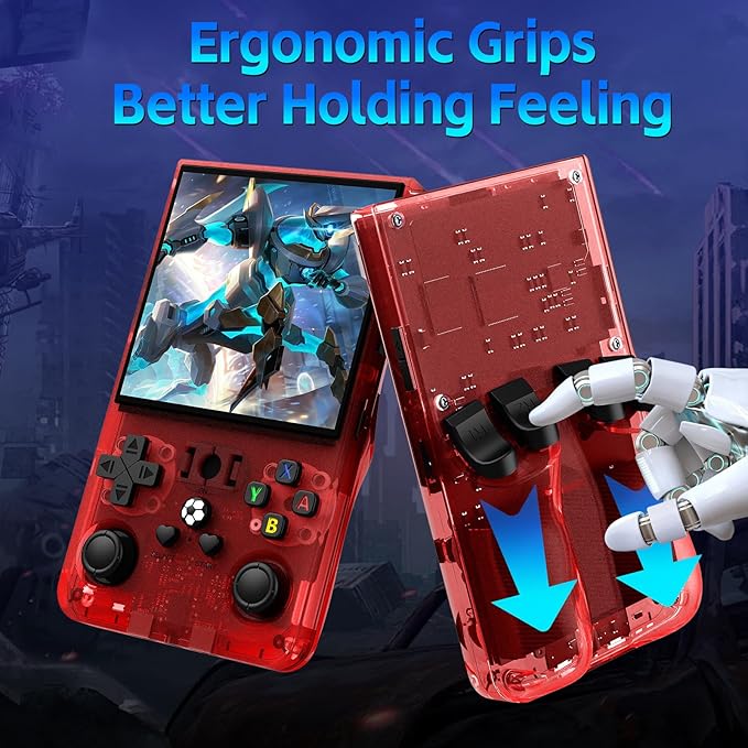 R36MAX Handheld Game Console, Retro Gaming Console with 4000mAh Battery 4.0”IPS Screen, Open Source Linux System, with 64GB TF Card Portable Video Gaming Console, Transparent Ruby
