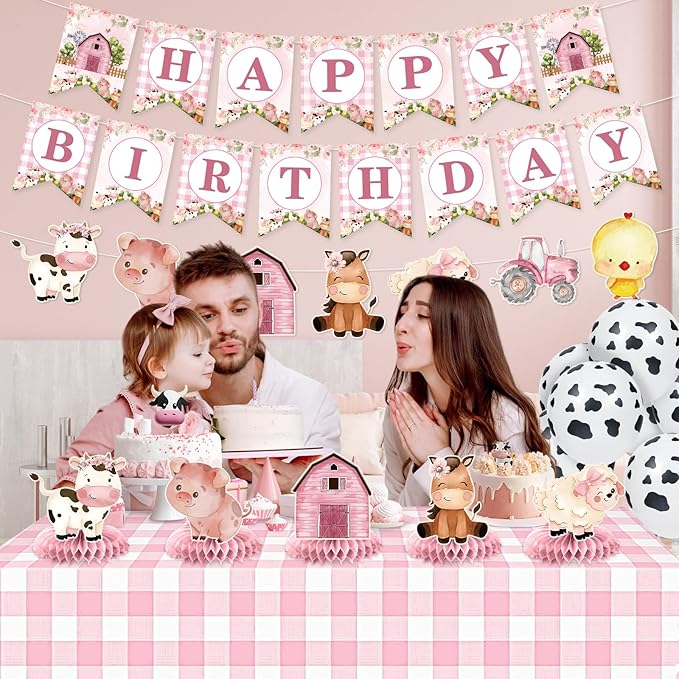Pink Farm Animals Birthday Party Decorations for Girls Barnyard Baby Shower Supplies Set Includes Happy Birthday Banner Garland Tablecloth Honeycomb Centerpieces Watercolor Cow Pig Sheep Decor