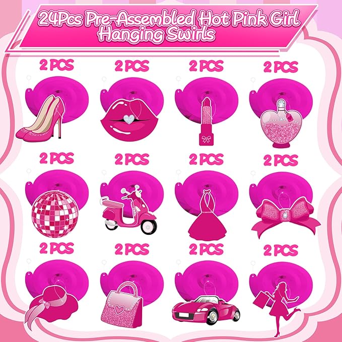 48Pcs Hot Pink Princess Hanging Swirl Decorations, Princess Party Ceiling Hanging Swirls Hot Pink Hanging Swirls Streamers for Party Decor Supplies