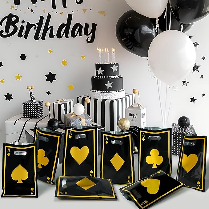 Casino Party Favor Bags - 60Pcs Black and Gold Casino Goody Candy Treat Gifts Bags, Las Vegas Poker Themed Party Decorations for Adults Kids Birthday Indoor Game Events Supplies