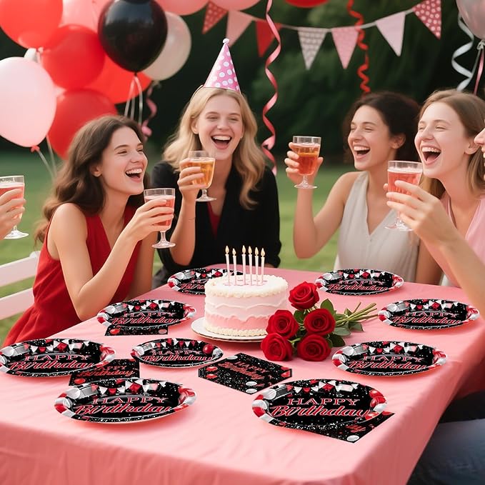 Grencian 96Pcs Red and Black Birthday Party Decorations Valentine's Day Red and Black Plates and Napkins Disposable Tableware Set for Birthday Valentine's Day Party Supplies, Serves 24