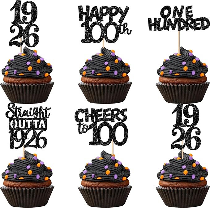 30PCS Black 100th Birthday Cupcake Toppers Glitter One Hundred Years 100 Fabulous Happy 100 Straight Outta 1926 Cupcake Picks for 100th Birthday Anniversary Party Cake Decorations Supplies