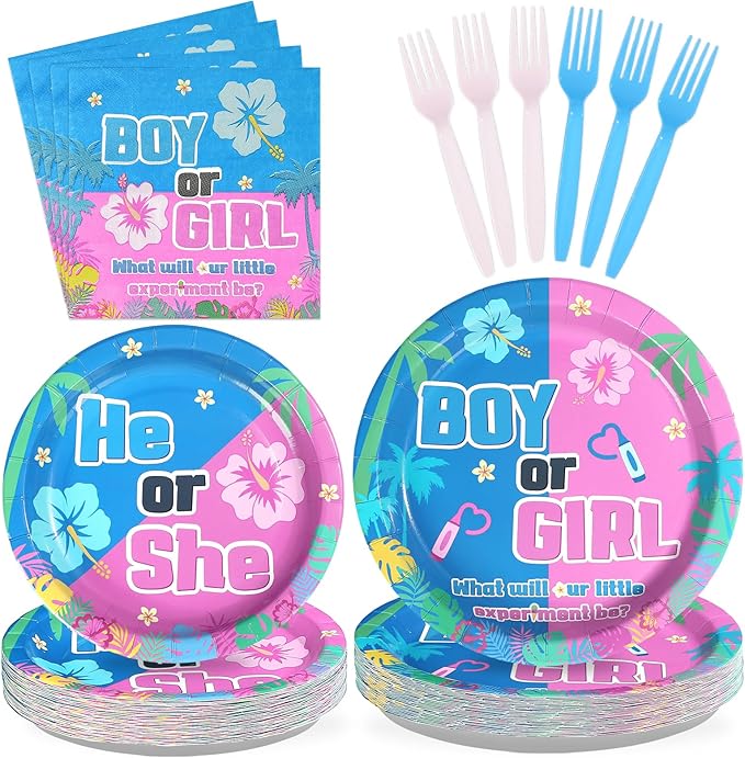 96Pcs Hawaiian Party Decorations Hawaii Tropical Cartoon Plates and Napkins Sets Blue and Pink Hawaiian Aloha Decorations for Boy or Girl He or She Gender Reveal Baby Shower Party Supplies Serves 24