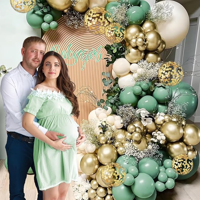 Sage Green Balloon Arch Kit, 155Pcs Sage Green White Sand Metallic Gold Garland with Gold Confetti Balloons for Graduation Baby Shower Wedding Jungle Birthday Party Decorations