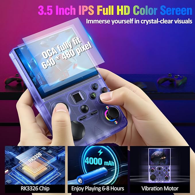 Retro Handheld Game Console, DC35V Retro Gaming Console 3.5’’IPS Screen Open Source Linux System Built-In 20000+Classic Games, 20+Emulators, Portable Video Gaming Console with 4000mAh Battery (Purple)