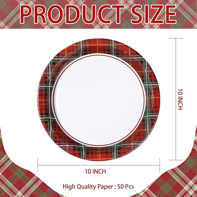 50Pcs Christmas Paper Plates 10" Large Disposable Red Green Plaid Paper Platters Red Black Christmas Buffalo Plaid Dessert Plates for Winter Xmas Theme Party Decoration